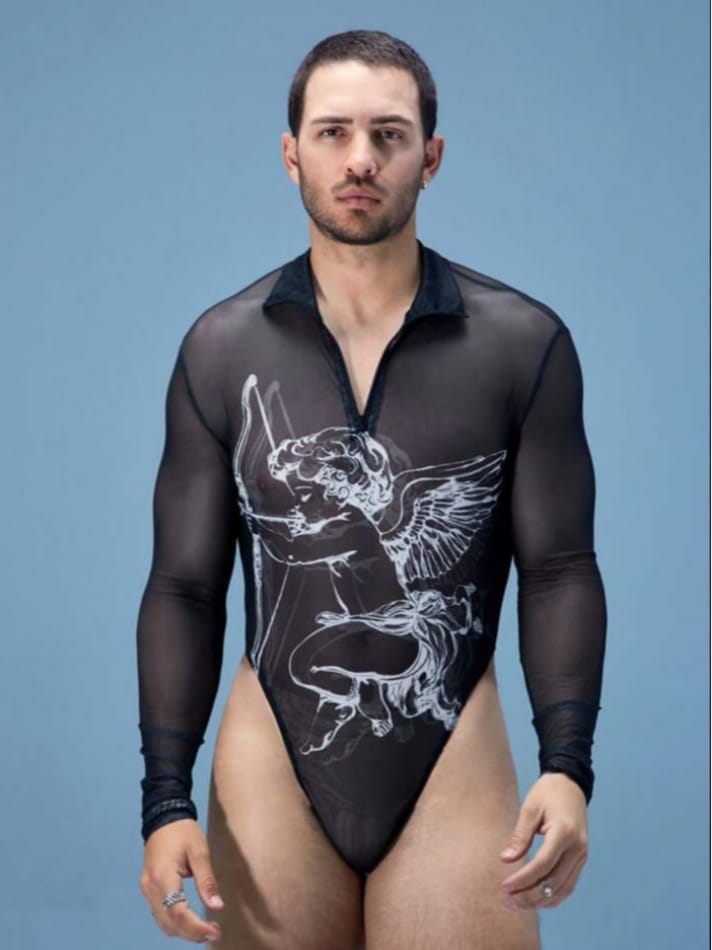 men's angal print sheer sexy long sleeve daily bodysuit